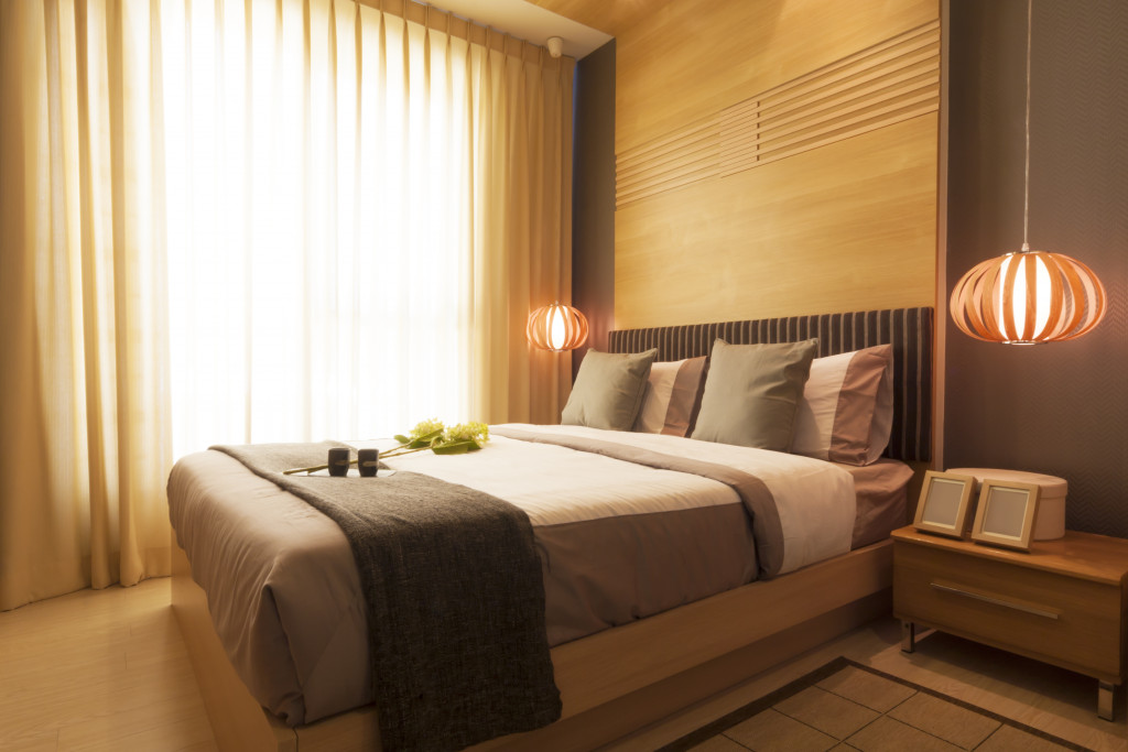 Modern hotel room with brown color schemes
