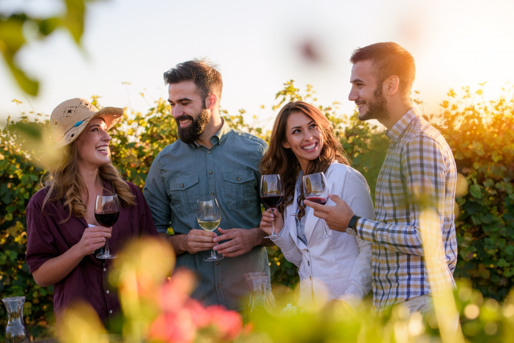 A group of friend enjoying wine in a middle of a vineyard.